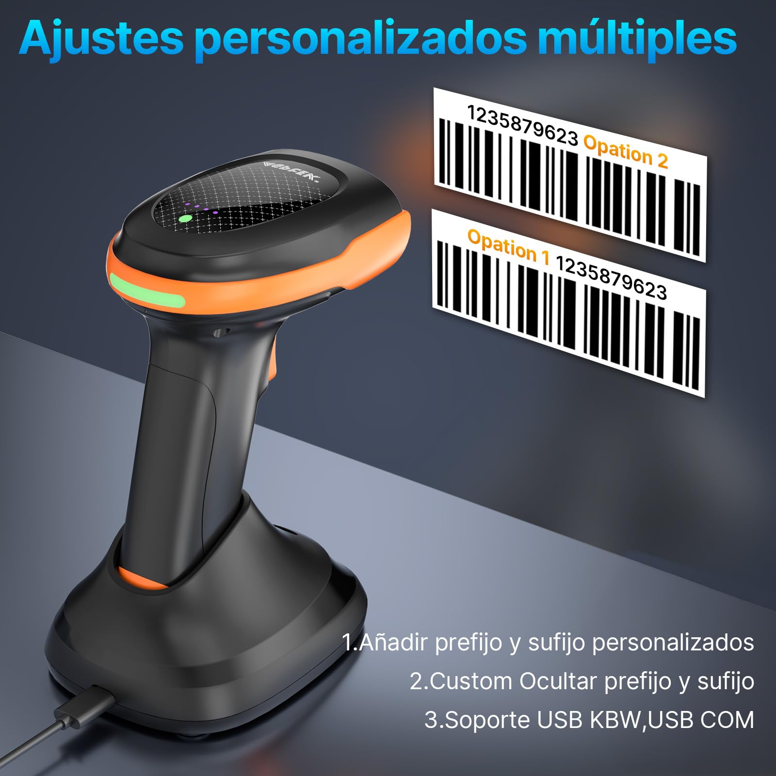 APETK Escáner de Códigos Barras 2D/QR Inalámbrico, Lector Mano con Base Carga, 100m Alcance, 20K Escaneos/Carga, para Tiendas/Almacenes