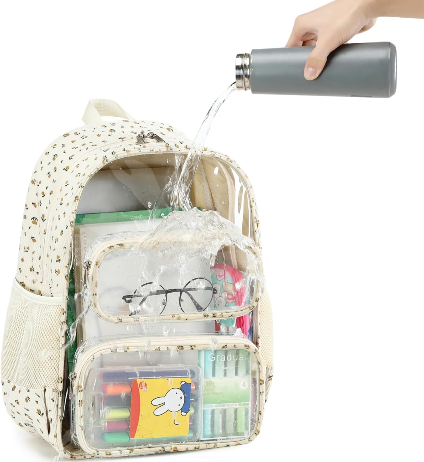 CAMTOP Clear Backpack Heavy Duty Transparent Bag See Through BookBag for Student School Work Festival Sport Travel (Beige Yellow Flowers)