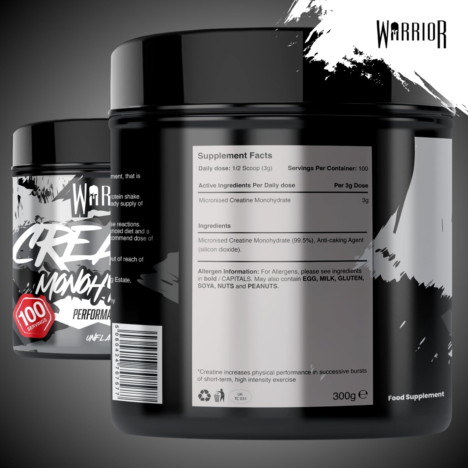 Warrior Creatina Monoidrata in Polvere 300 g (100 Porzioni) – Creatina Pura Creapure, Creatina Monoidrata Micronizzata per Massa Muscolare e Forza, Creatine Monohydrate Vegan – Senza Aroma (Neutro)