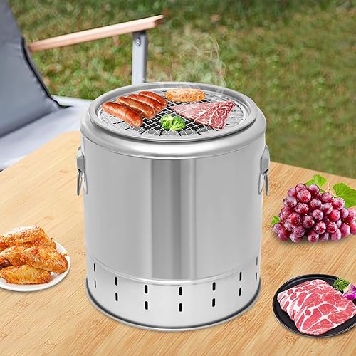 Miniatura 6 de Parrillas de carbón, 13.39 x 14.17 pulgadas, barril de barbacoa de acero inoxidable, parrilla portátil de carbón, cubo de barbacoa de gran