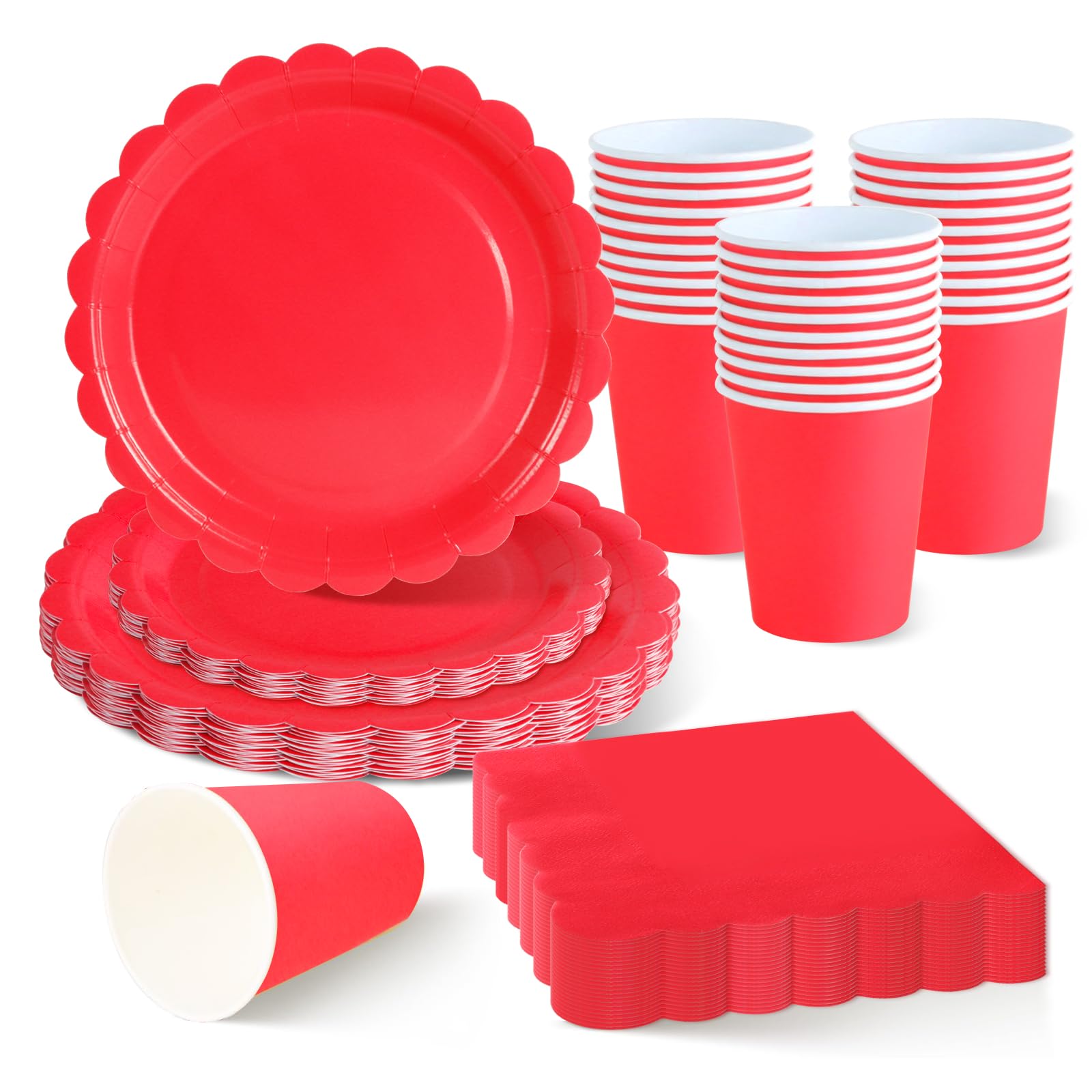 ZblPyro Red Party Tableware Set for 30 Guests | A Set of 120 pcs Includes 9" & 7" Scalloped Paper Plates, Cups & Napkins | Valentine's Day, Anniversary Party & Christmas Celebration — image 1