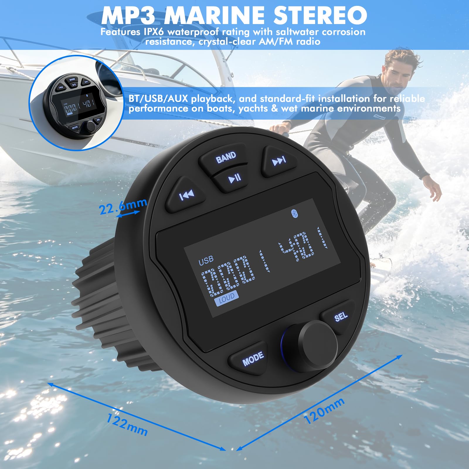 Marine Radio Subwoofer Boot Stereo MP3 mit BT-Streaming, FM/AM, USB, IPX6 wasserdicht für Boote, Yachten und Fachgebrauch – klarer Klang für Bootsbesitzer und Wassersportler