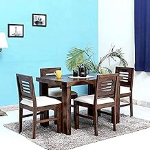 Furniture Sheesham Wood 4 Seater Dining Table with 4 Cushion Chairs Wooden Dining Table Set for Home Hall Living Room (Teak Brown Finish)