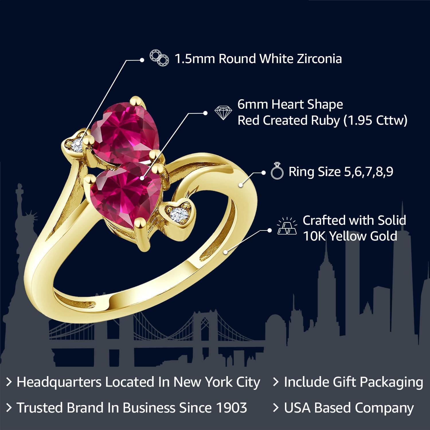 Gem Stone King 1.95 Cttw 10K Yellow Gold Red Created Ruby 2 Heart Shape Engagement Ring For Women | 6MM Heart | Wedding Anniversary Promise Ring