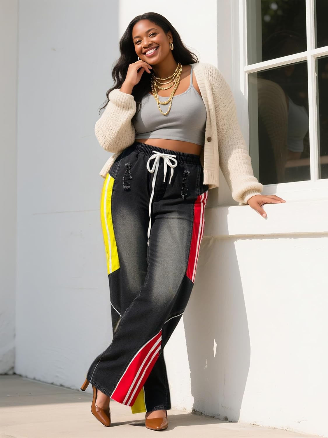 Angsuttc Baggy Wide Leg Jeans for Women Color Block Patchwork Denim Pants with Drawstring Elastic Waist - Image 7