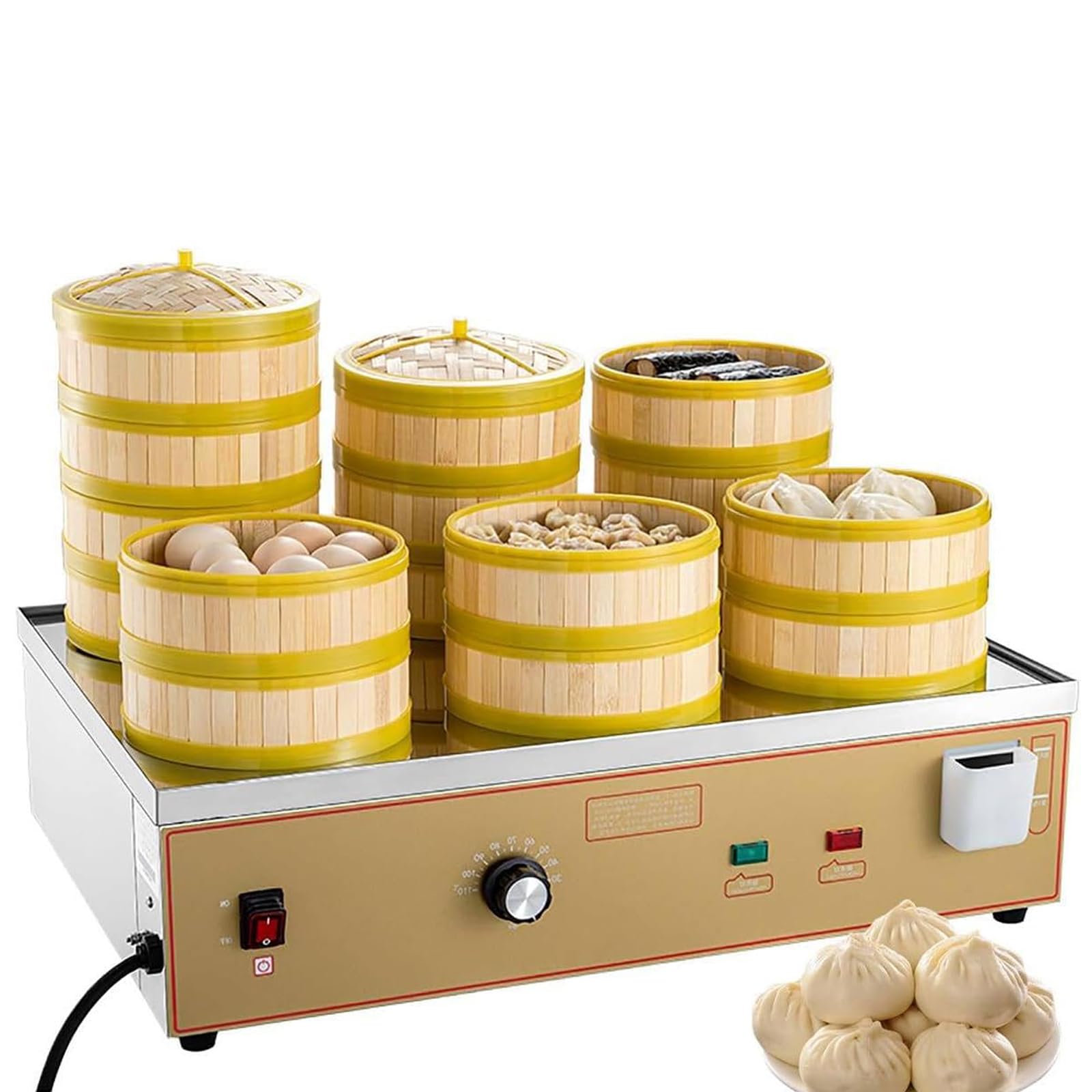 Kommerzielle Brötchenmaschine für Lebensmittel, elektrische Dampfbrötchenmaschine mit sechs Löchern, mit verdicktem Temperaturregler aus Edelstahl und verbreitertem Wassereinspritzanschluss für Früh