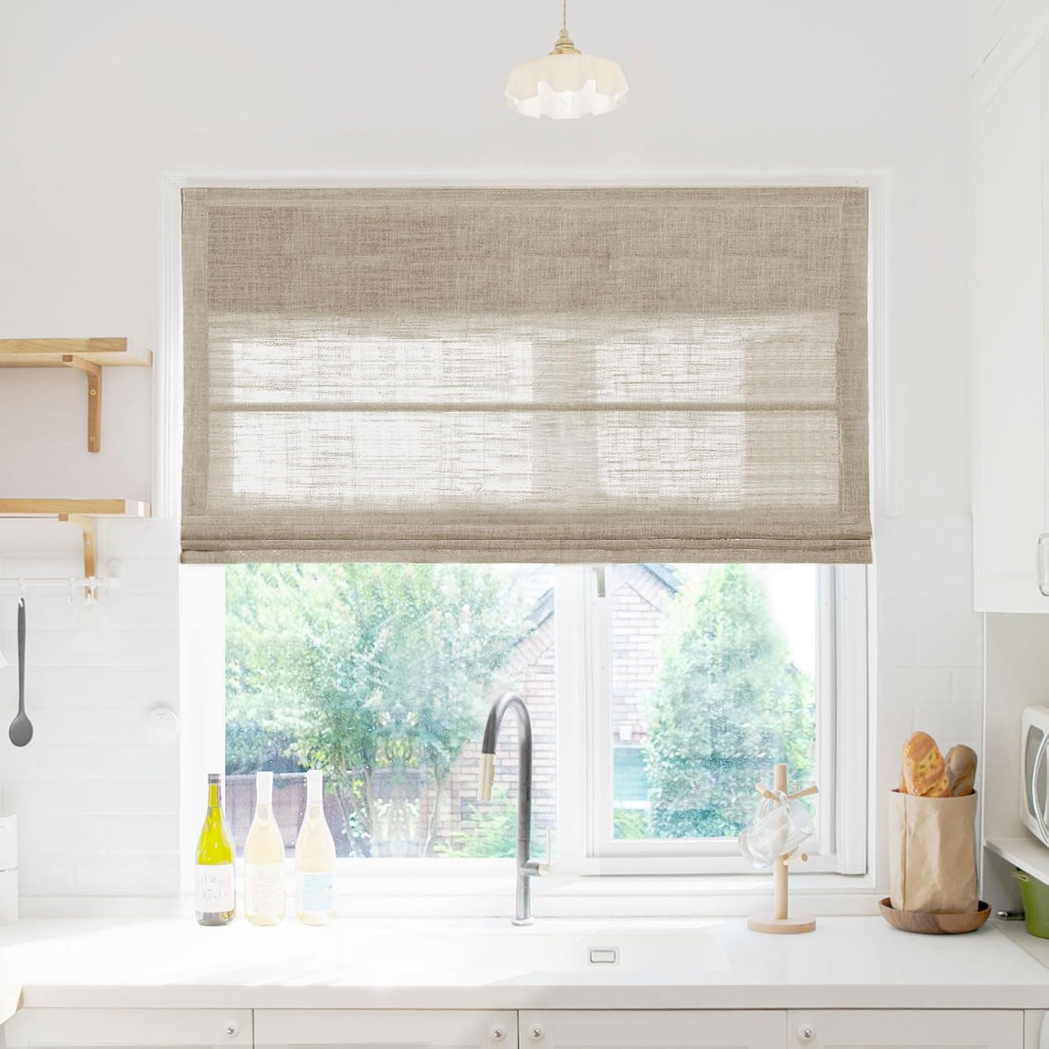 TWOPAGES Liz Blinds for Indoor Windows, Cordless Roman Shades for Home, Sliding Glass Doors, Faux Linen Custom Made Window Blinds, Grey Beige