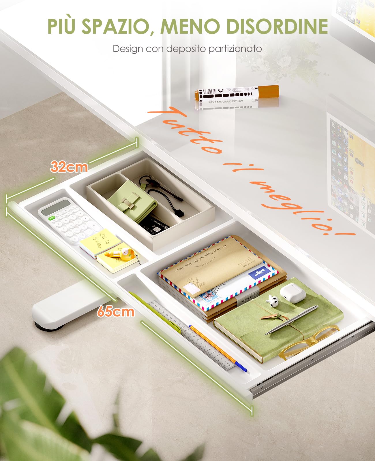OffiGo Scrivania Regolabile in Altezza Elettrica, 140 x 60 cm, Top in Cristallo Monoblocco, Scrivania in Vetro con Cassetto e Porte USB e Type-C, Scrivania da Sede/Standing, per Casa e Ufficio, Bianco
