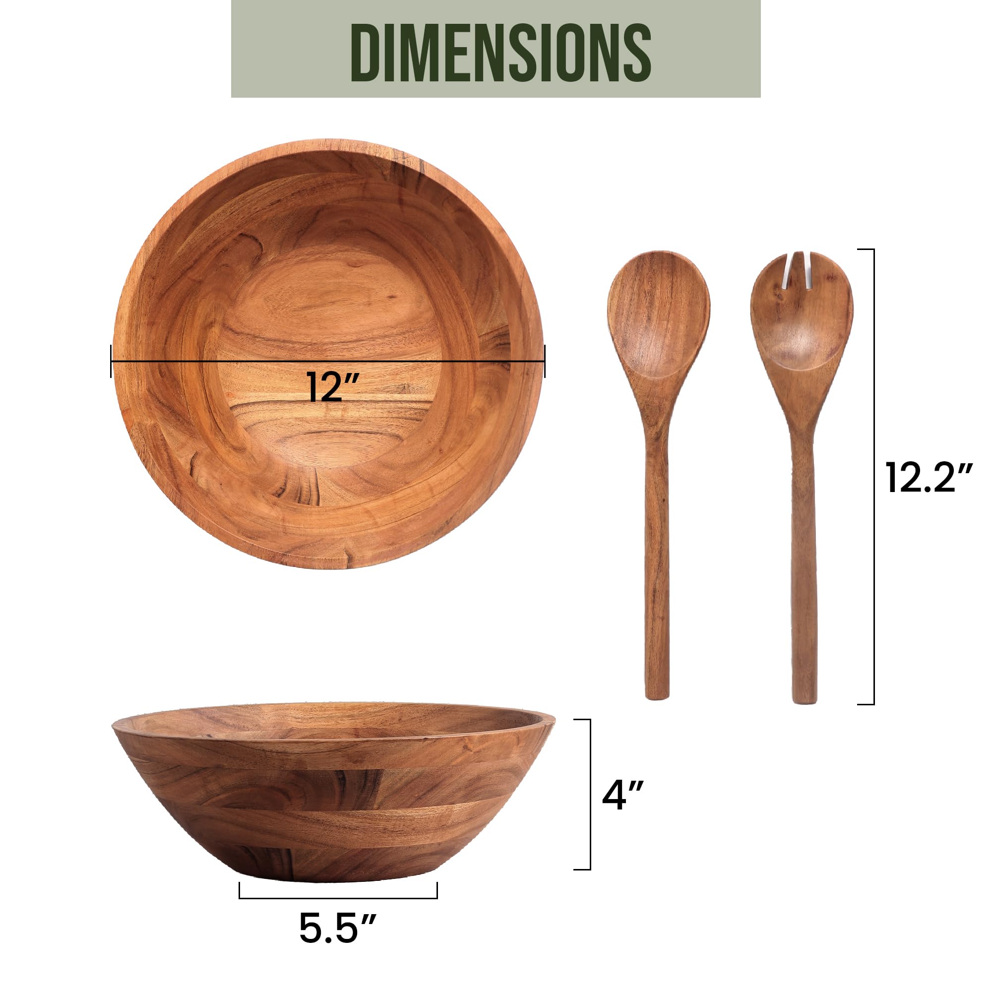 Luxe Designs Zestaw drewnianych misek do sałatek, duża salaterka, do jedzenia, owoców lub sałatek, trwała, ręcznie wykonana miska z łyżką, widelcem, naturalne drewniane miski, dekoracyjne, idealna
