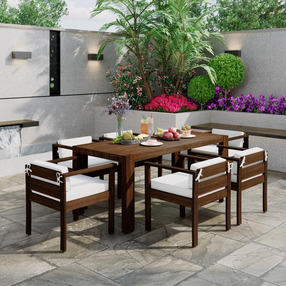 7-Piece Outdoor Patio Dining Table Set for 6 with 72.8 Inch Rectangle Table and Chairs, Removable Cushions, All-Weather Garden Furniture for Backyard, Poolside or Deck (Mocha with Beige Cushions)