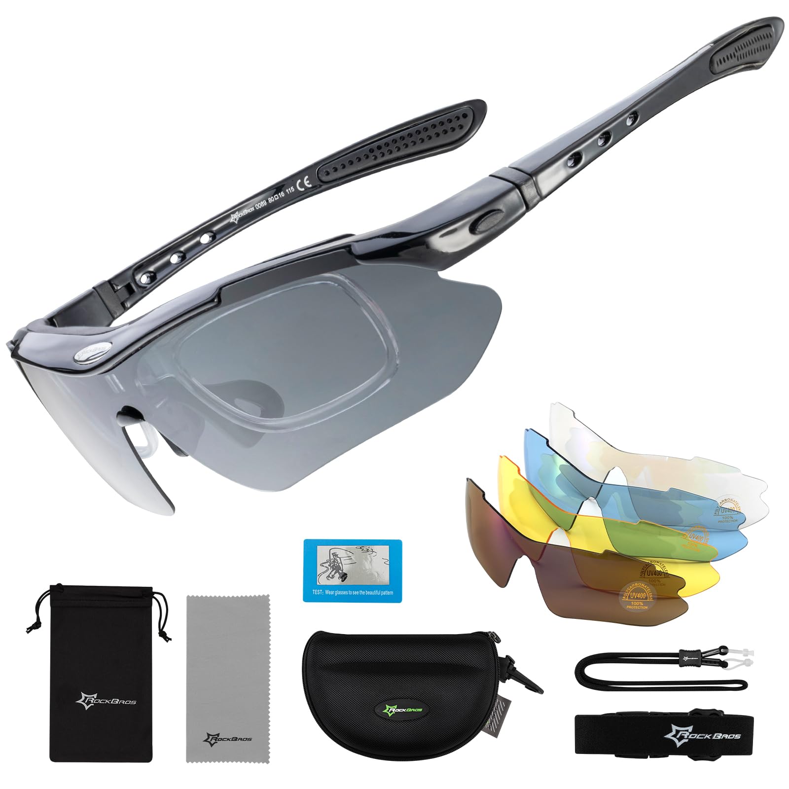 ROCKBROS Lunette de Sport Polarisées Homme Cyclisme Lunette VTT Protection UV400 Lunette de Soleil Noir pour Vélo Pêche Course Conduite avec 5 Verres Interchangeable
