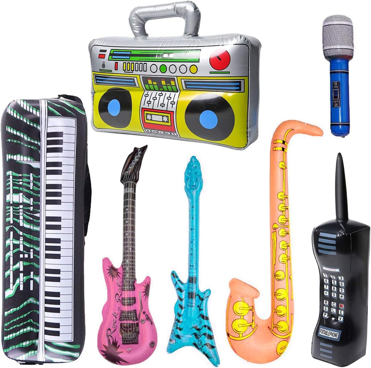 Waterproof Inflatable Rock Star Toy Set,7 Pack Inflatable Boom Box Mobile Phone Guitar Bass Party Props for Musical Concert Karaoke Kid's Birthday Party Decorations,Rock and Roll Party Favors Supplies