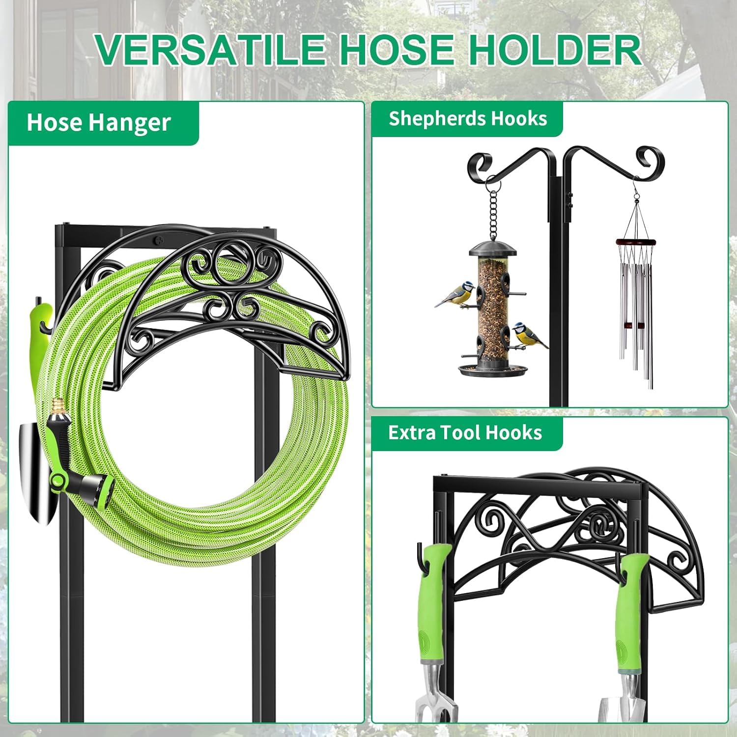 TomCare Soporte para manguera de jardín con 2 ganchos de pastor, soporte de manguera de agua resistente mejorado para mangueras de 160 pies, carrete de manguera independiente con 2 ganchos de