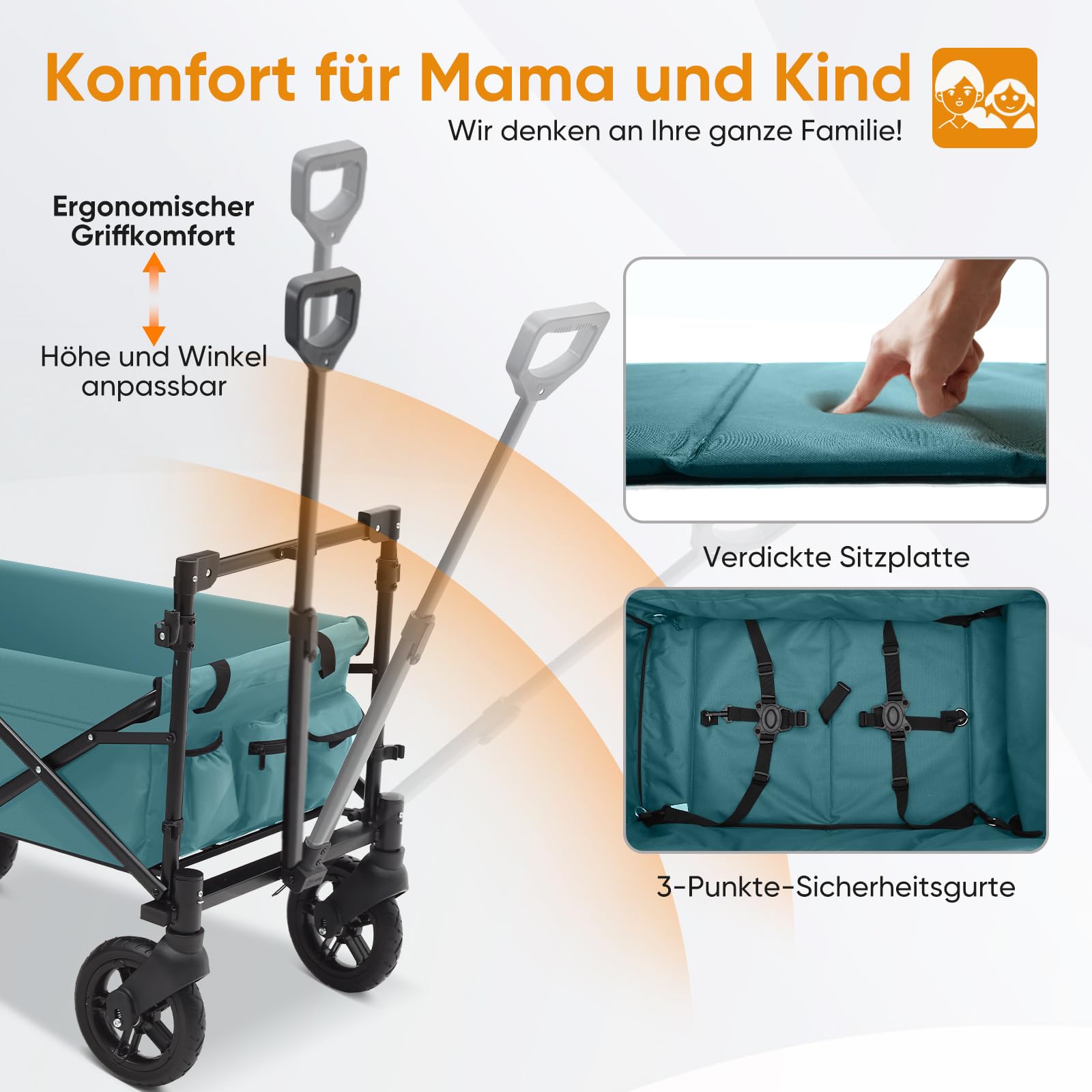 Sekey Wózek składany z dachem, dla 2 dzieci, 150 kg, wózek ręczny, uchwyt przesuwny, odporny na uderzenia, koła PU z hamulcami 110 l, SS5050, ciemnozielony