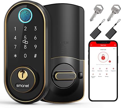Smart Keyless Entry Door Lock - Fingerprint Electronic Deadbolt Touchscreen Keypad SMONET Biometric Digital Bluetooth Door Lock Smart Deadbolt Compatible with Alexa for Homes and Hotel