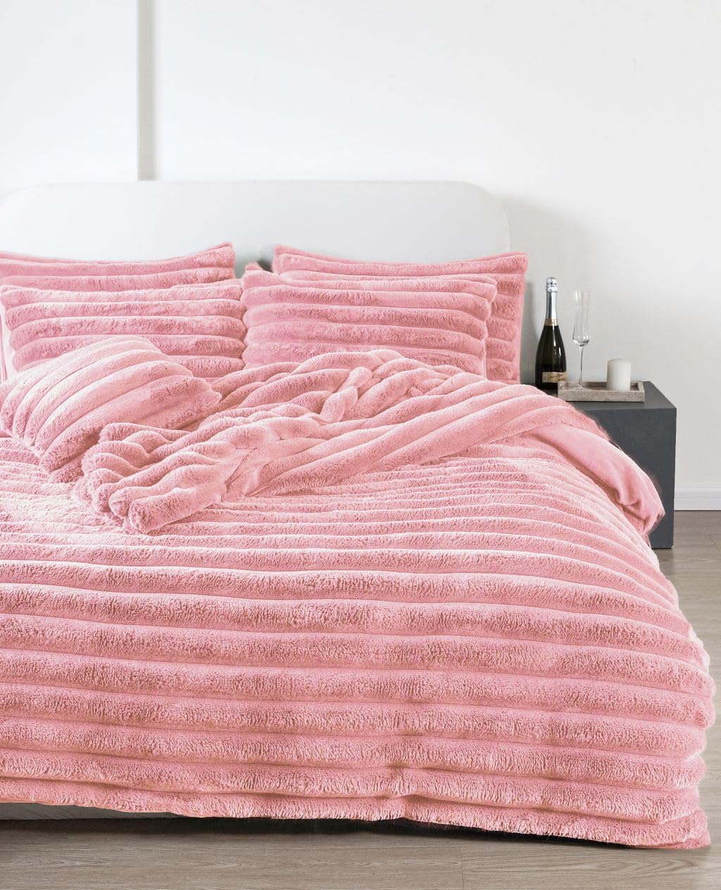 Amberlinnen Ltd Pink Big Cord Teddy Fleece Thermal Duvet Cover & Pillow Case Soft Warm Set (, Double: 198Cm X 198Cm)