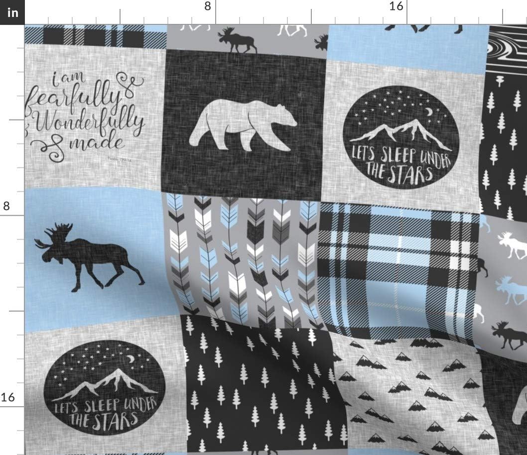 Spoonflower Fabric - Patchwork Blue & Grey Moose Bear Woodland Adventure Trendy Wholecloth Printed on Petal Signature Cotton Fabric by The Yard - Sewing Quilting Apparel Crafts Decor