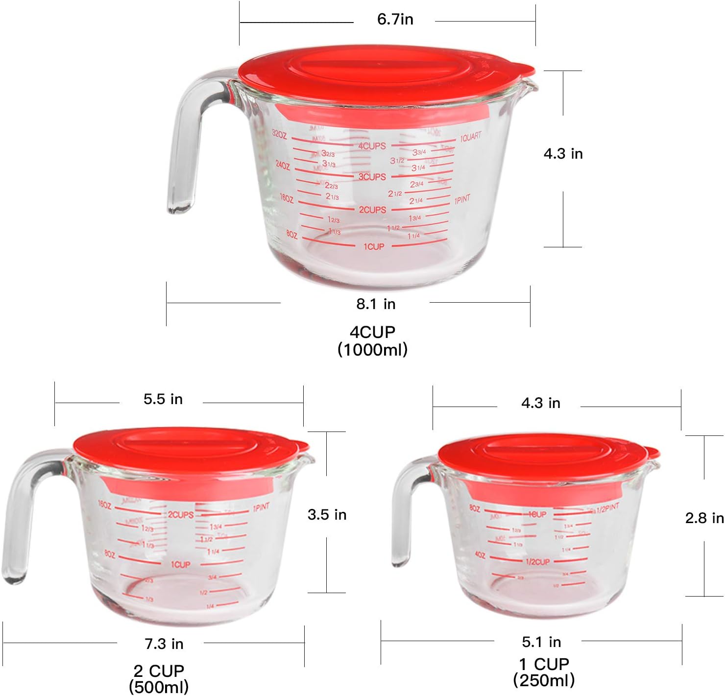 Doonmi- 3 Pack Premium Glass Measuring Cup with Red Lid(1 Cup, 2 Cup, 4 Cup), Microwave, Oven, Freezer Safe, Perfect for Cooking, Baking.