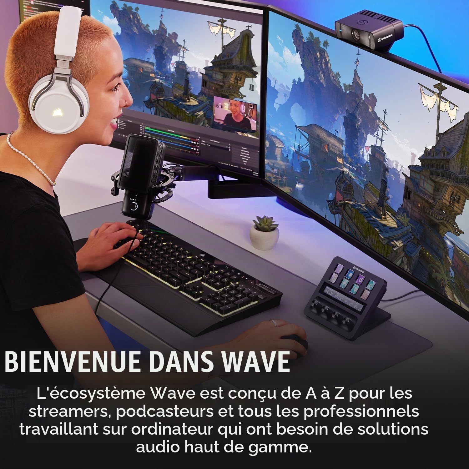 Elgato Micro Wave:3 avec perche compacte entièrement réglable équipée de passe-câbles, idéal pour podcasts, streaming, gaming, télétravail, logiciel de mixage gratuit, plug and play pour Mac et PC