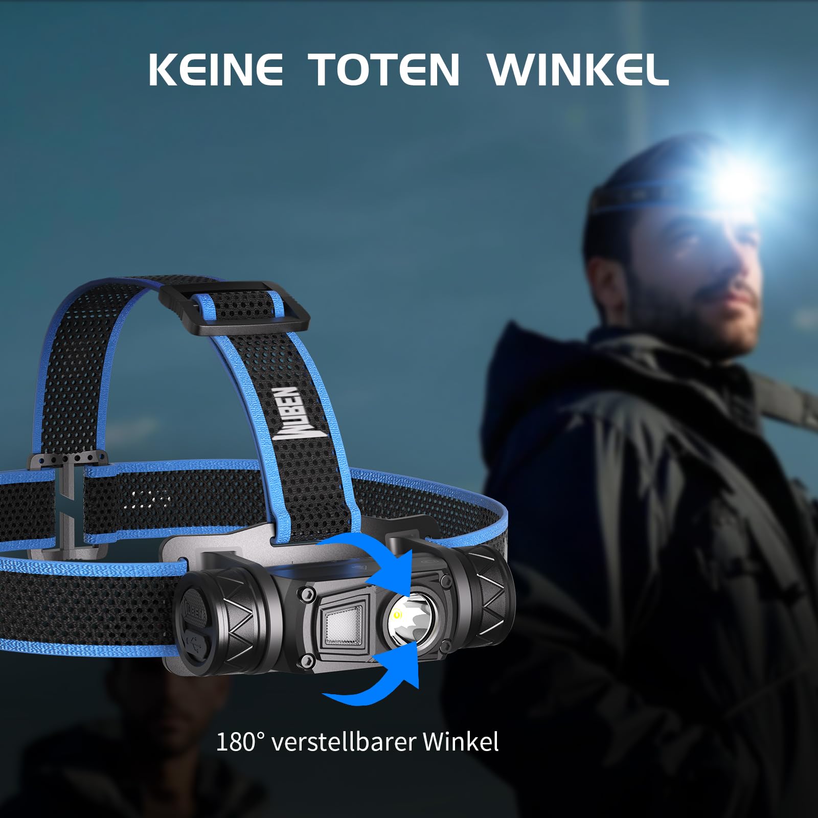 WUBEN H1 Torcia Frontale 1200 lumen LED, con sorgenti luminose multiple Lampada frontale, ricaricabile tramite USB IP68 Striscia riflettente impermeabile Lampada