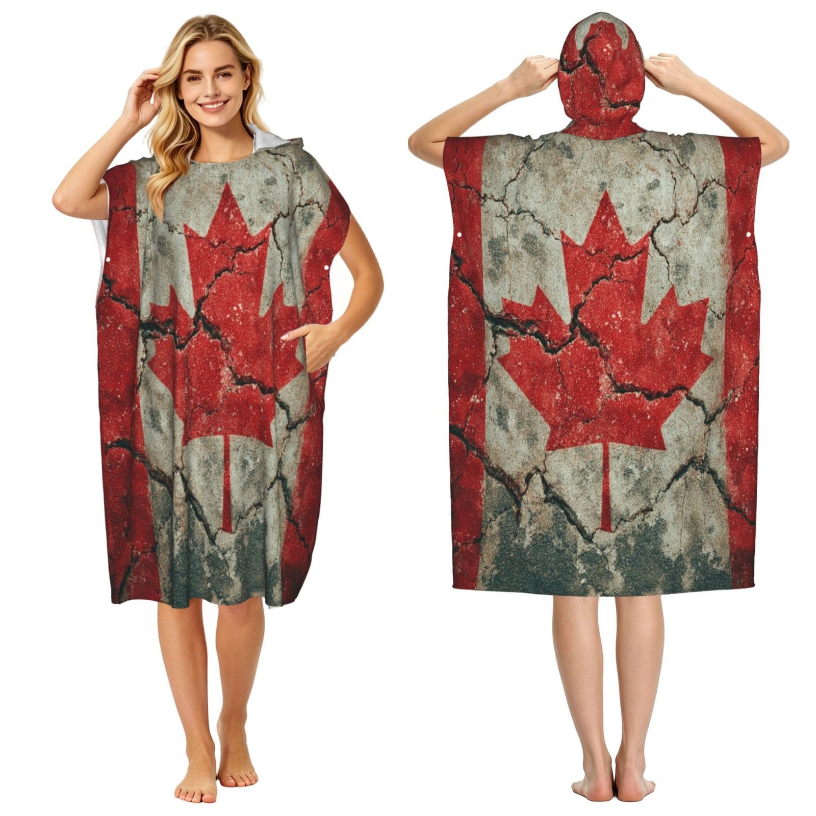 KLGRTJHK Canadian Flag Adult Hooded Beach Poncho Towel 43"X35"