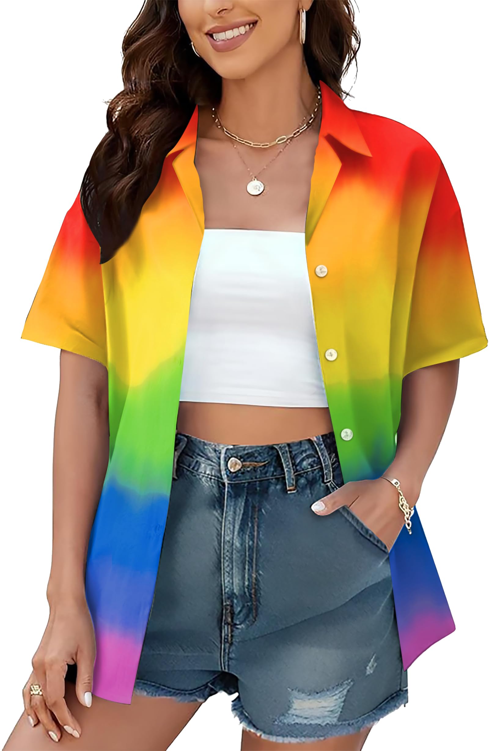 tiorhooe Maglietta da donna con stampa arcobaleno e cuore, stile casual, con bottoni