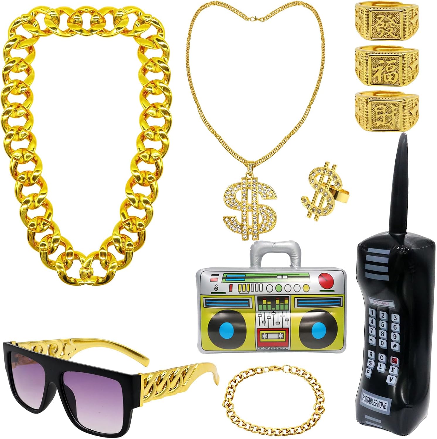 80s 90s Hip Hop Costume Kit, 90s Hip Hop Accessories Set for Men, Retro Rapper Jewelry with Sunglasses Inflatable Props for Halloween Theme Party