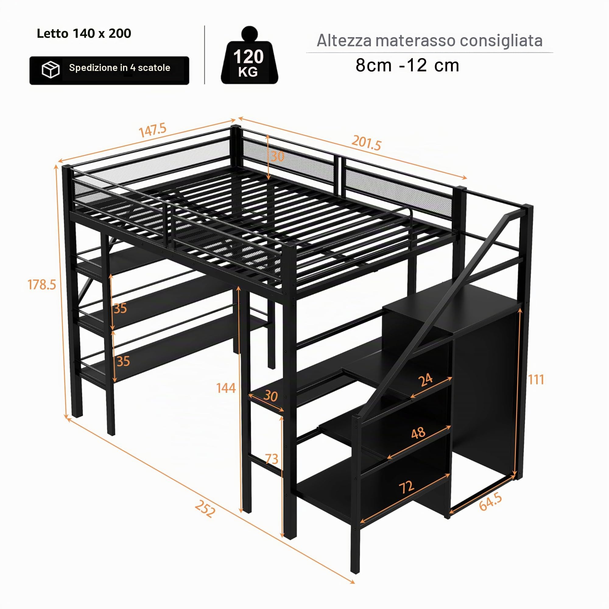 Dolamaní Letto a soppalco in metallo, 140 x 200 cm, per adulti e ragazzi, con mensola, scrivania, vestiti, scale, con vano portaoggetti, design a rete alta, per letto matrimoniale, colore: nero