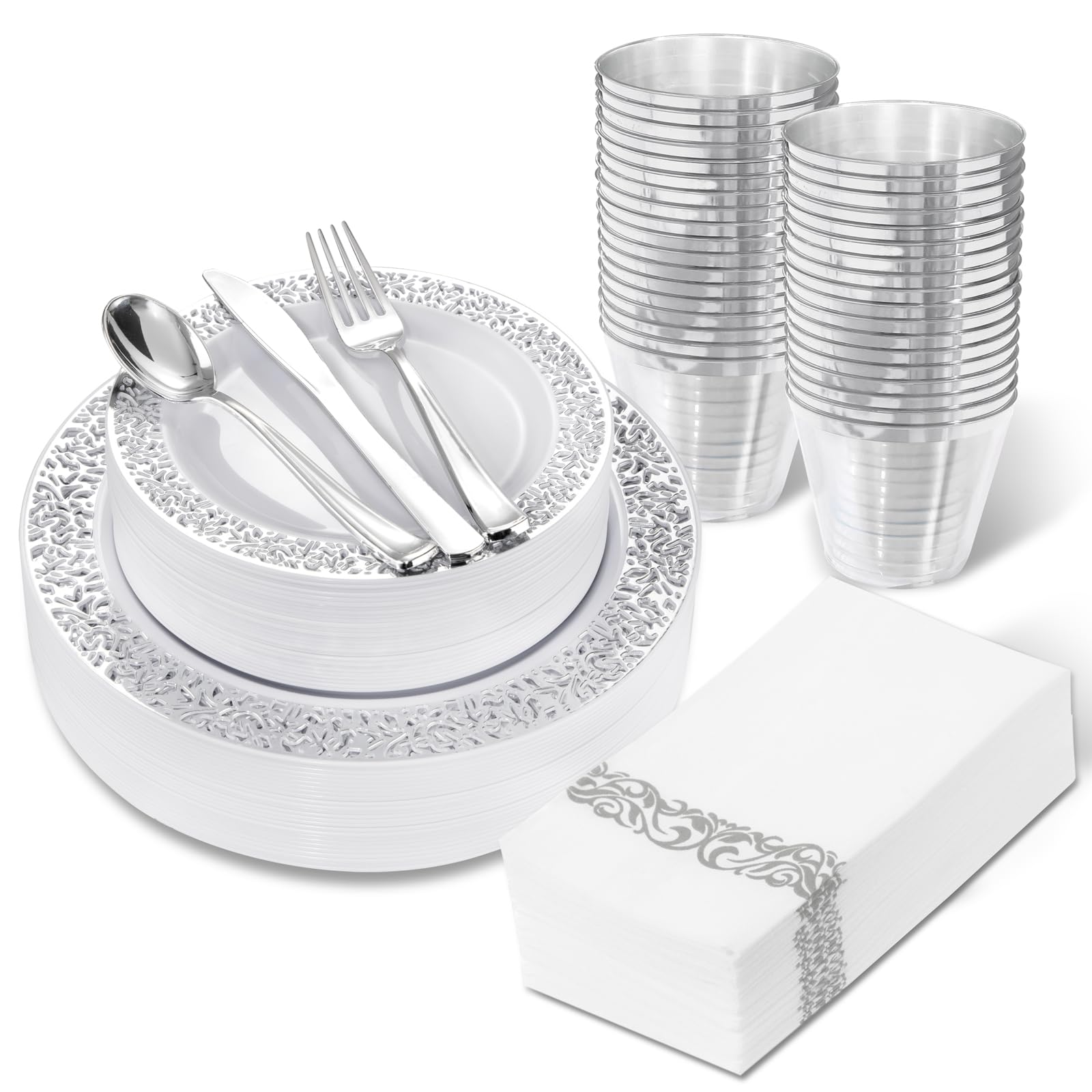 210pcs Dinnerware Set - Silver Rimmed Plastic Plates Disposable Heavy Duty, Disposable Plastic Plates with Silver Rim, Water-proof, Break-proof, Best Choice for Any Party