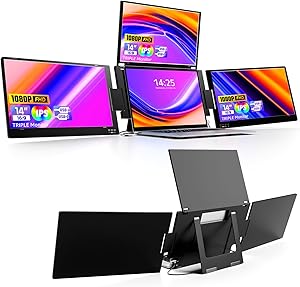 KPKUE 14″ Triple Laptop Screen Extender, FHD IPS Multi Screen Extender with USB-C/USB-A, One Cable Connection Laptop Monit…