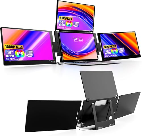KPKUE 14" Triple Laptop Screen Extender, FHD IPS Multi Screen Extender with USB-C/USB-A, One Cable Connection Laptop Monitor Extender Compatible with Mac Windows Chrome Fits 11.6-15.6 Inch Laptops