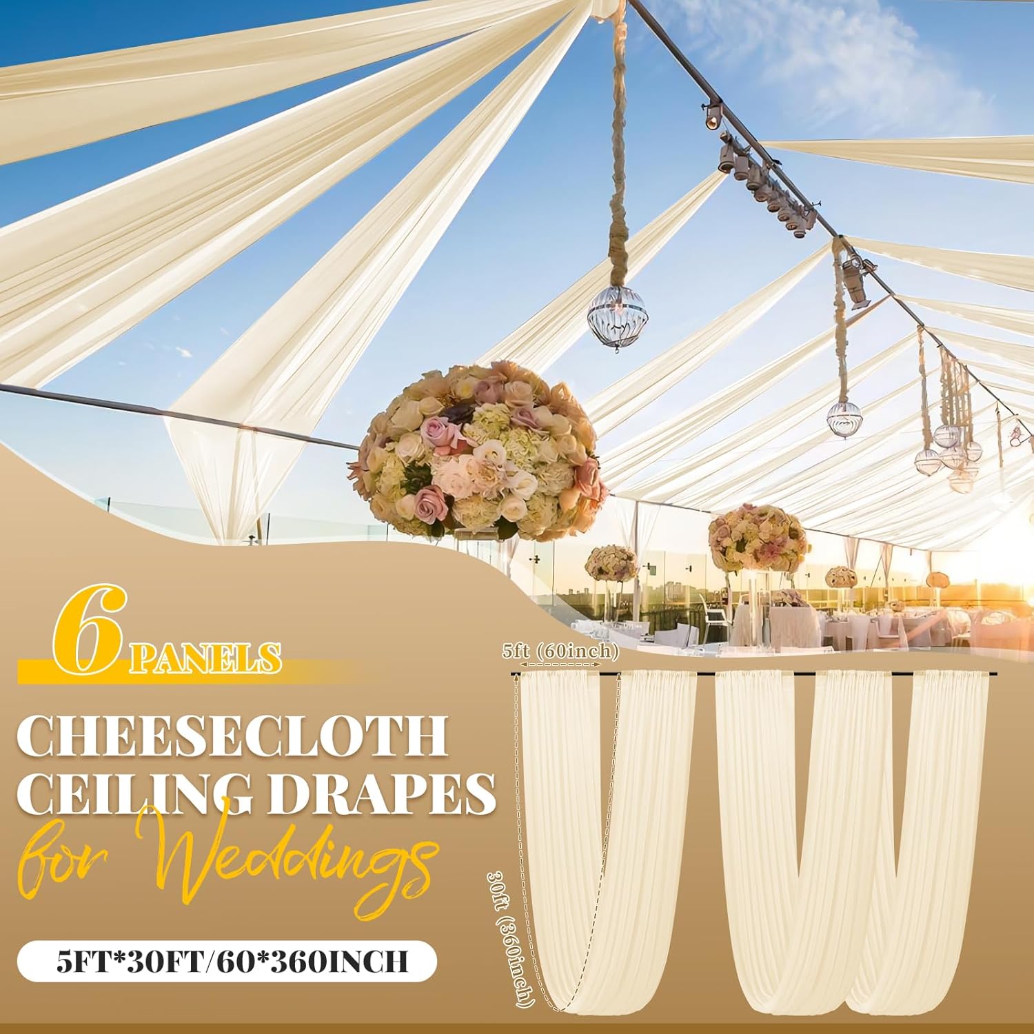 6 Panel Ivory Ceiling Drapes for Wedding Cheesecloth Ceiling Drapes Wedding Arch Draping Fabric Sheer Curtains Voile Drapery Draping Decorations for Party Ceremony Stage Tent (5ftx30ft)