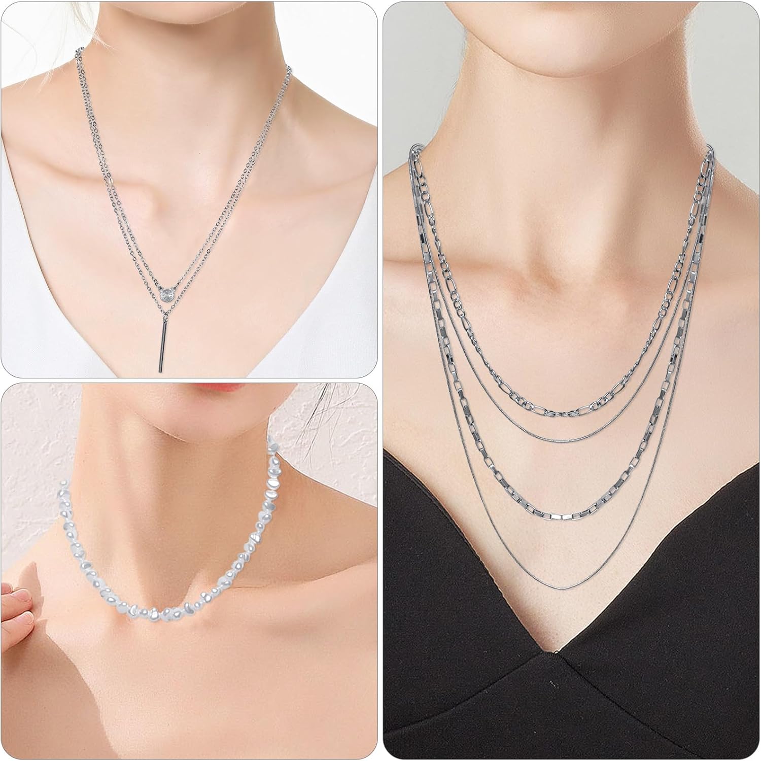 34 Pcs Silver Jewelry Set for Women Layered Bracelets Ball Dangle Hoop Earrings Stackable Knuckle Rings Set Dainty Adjustable Necklaces Valentine Anniversary Trendy Party Costume Accessories Jewelry - Image 4