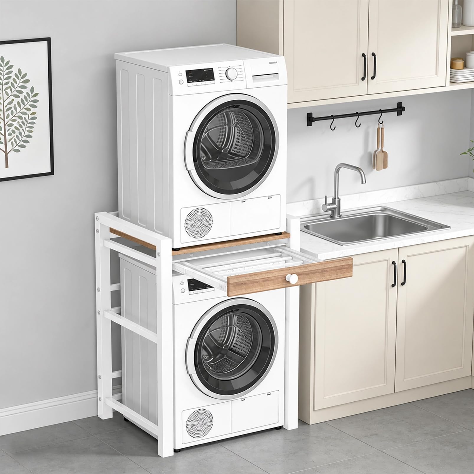 Estantería para lavadora, lavadora y secadora superpuestas, capacidad de carga de 300 kg, armario de lavadora para baño, cocina, balcón, lavandería (blanco con cajones)