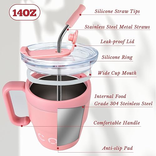 Vista 3 de Taza de café aislada con asa, bonita taza de viaje de 14 onzas, taza de café de acero inoxidable al vacío, para mantener las bebidas calientes