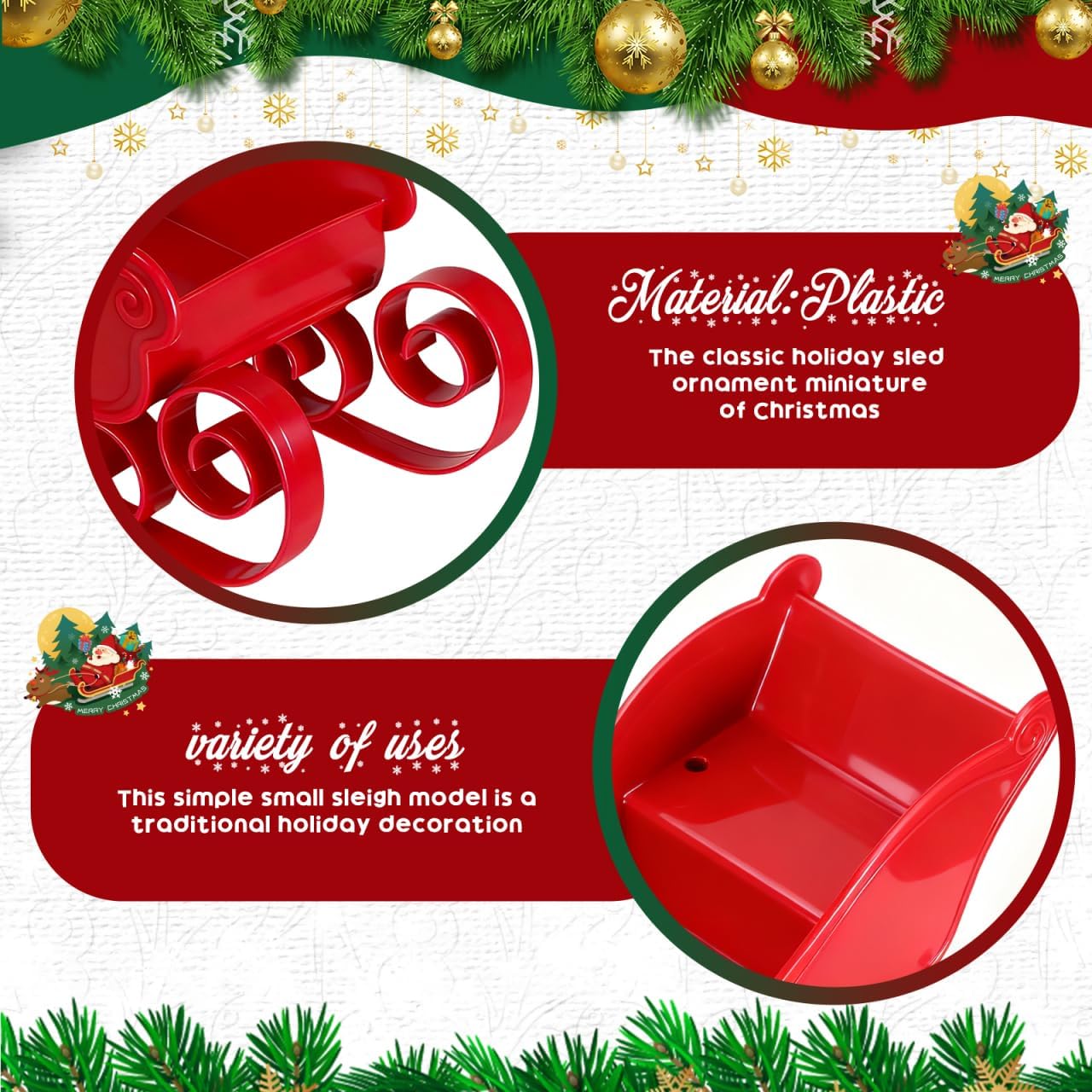 4 Pack Christmas Sleigh Christmas Tree 11x5 Inch Decorations Mini Miniture Decoration Santa Claus Sleigh Decor Xmas Favor Bowl Mini Sled Ornament Christmas Sleigh Decorations