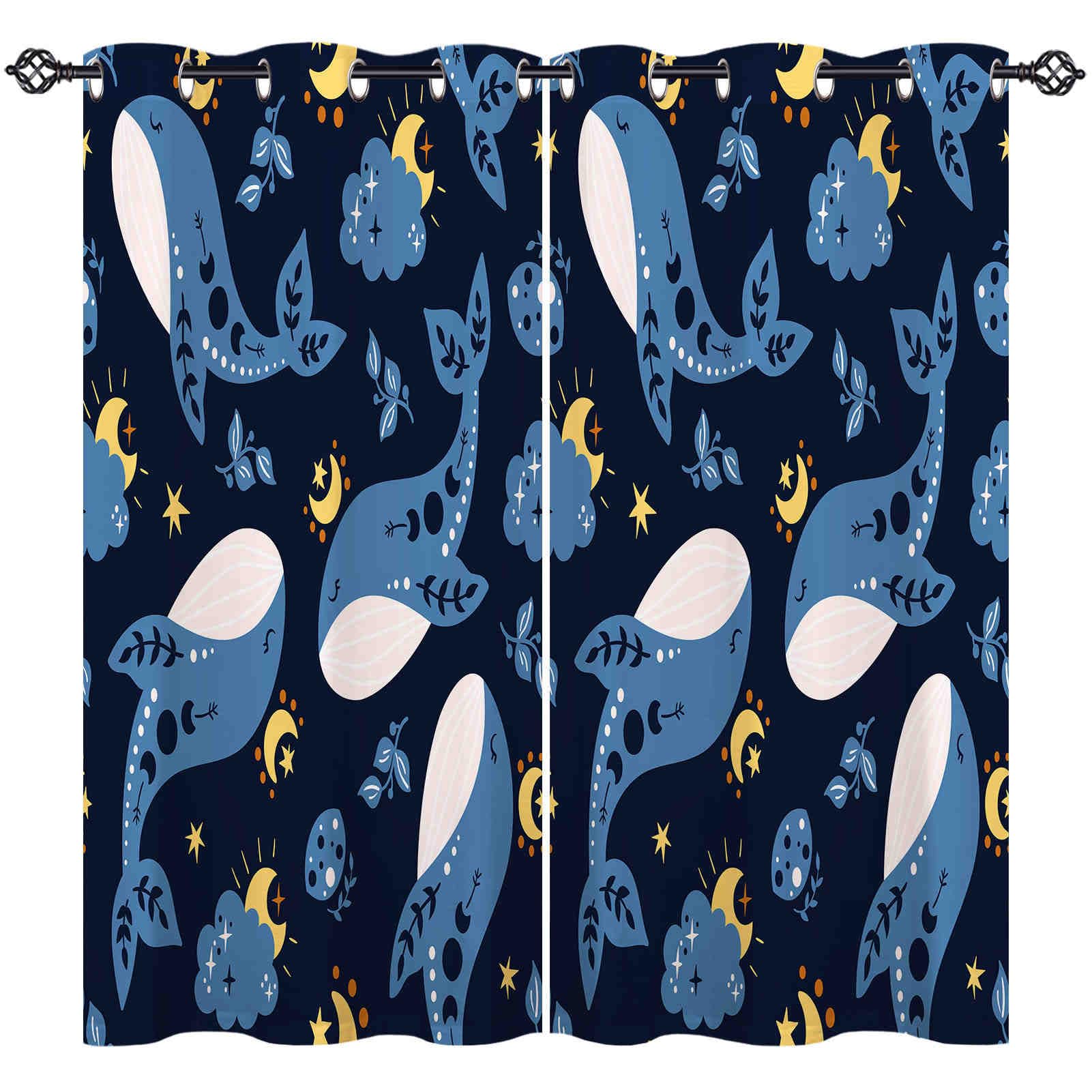 ANHOPE Blue Whale Curtains Eyelet Soft Thermal Insulated Blackout Curtains Ocean Sea Animal Cloud Moon Stars Print Pattern Ring Top Drapes for Kids Bedroom Living Room 52 x 63 Inch Drop 2 Panels — image 1