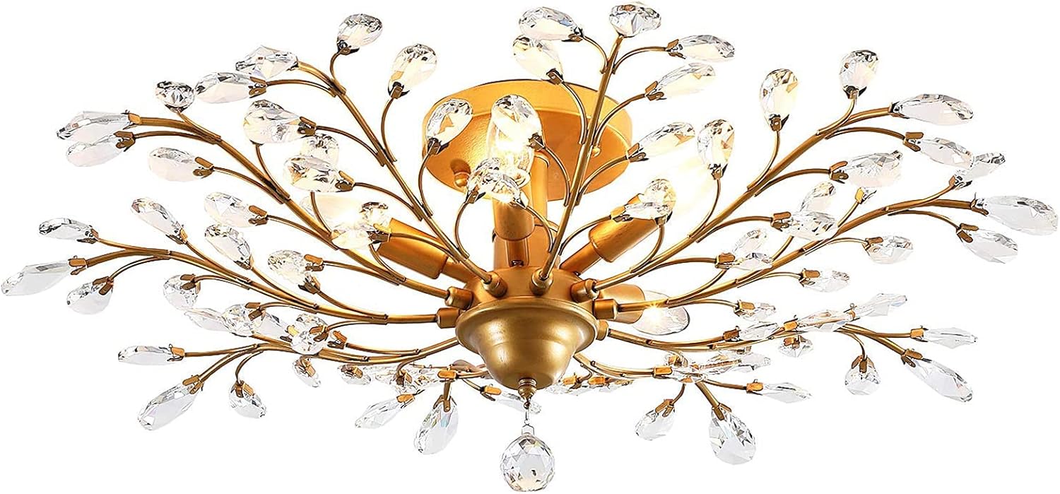Super Sale 🛒 Ganeed Crystal Chandeliers,Vintage K9 Clear LED Ceiling Lighting,Edison Pendant Light Flush Mounted Fixture with 5 Light for Living Room Dinning Room Restaurant Porch Hallway (Gold)