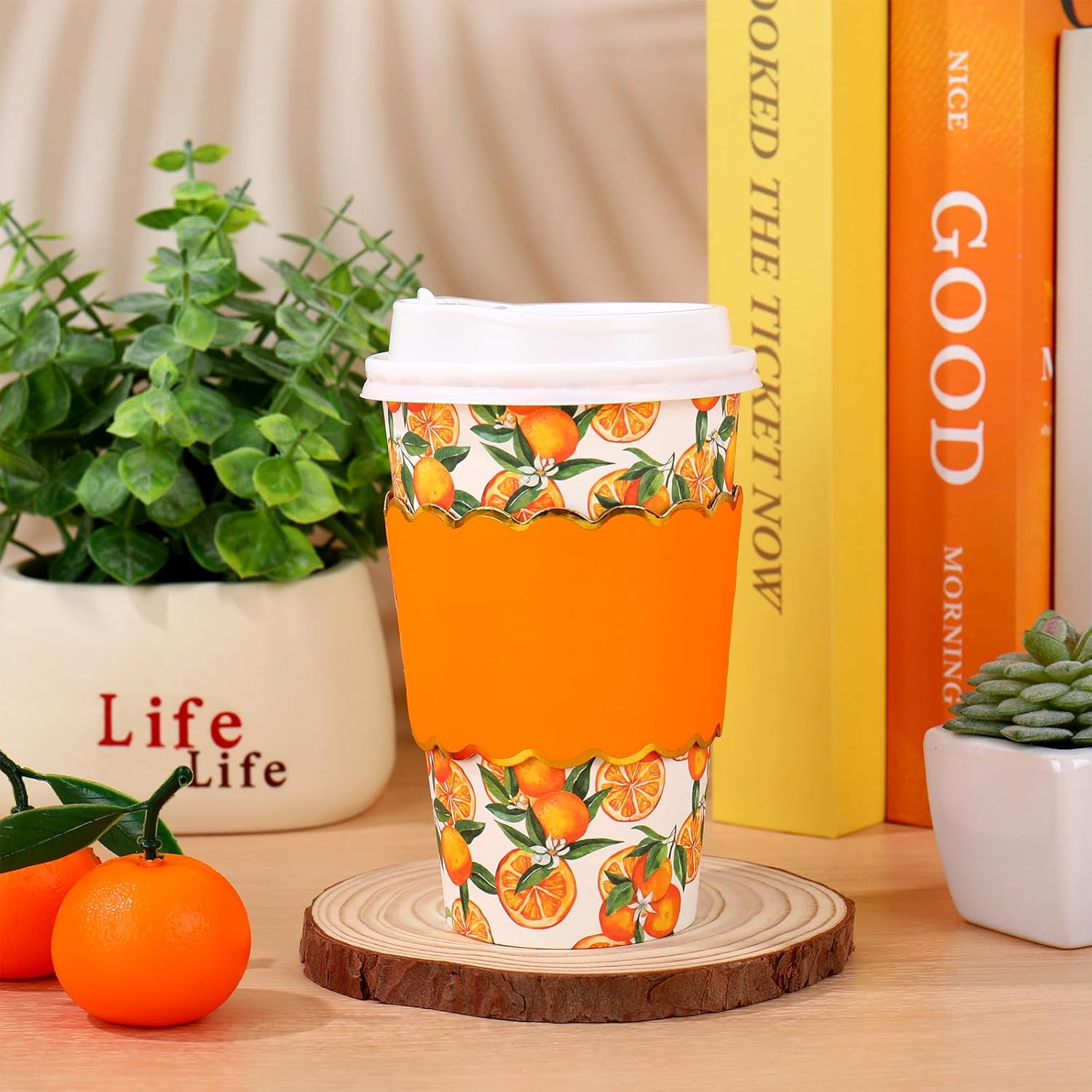 JarThenaAMCS 50 Sets Orange Coffee Cups with Lids Sleeves 16oz Tangerine Paper Cups Little Cutie Disposable To Go Coffee Cup for Summer Baby Shower Cappuccino Chocolate Beverage Cocoa - Image 4