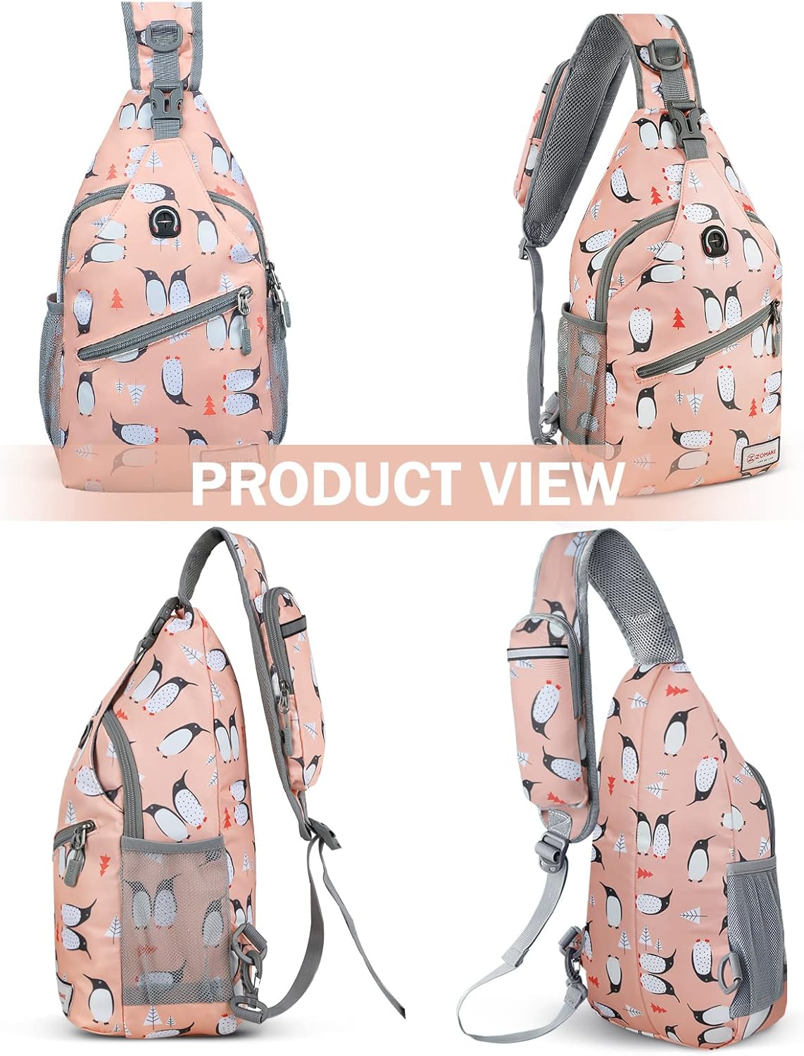 ZOMAKE Sling Bag, Penguin Pink, Nylon, 5 Separate Compartments, 10" iPad Compartment, Anti-Theft, Adjustable Reversible Shoulder Strap, Water Resistant - Image 6