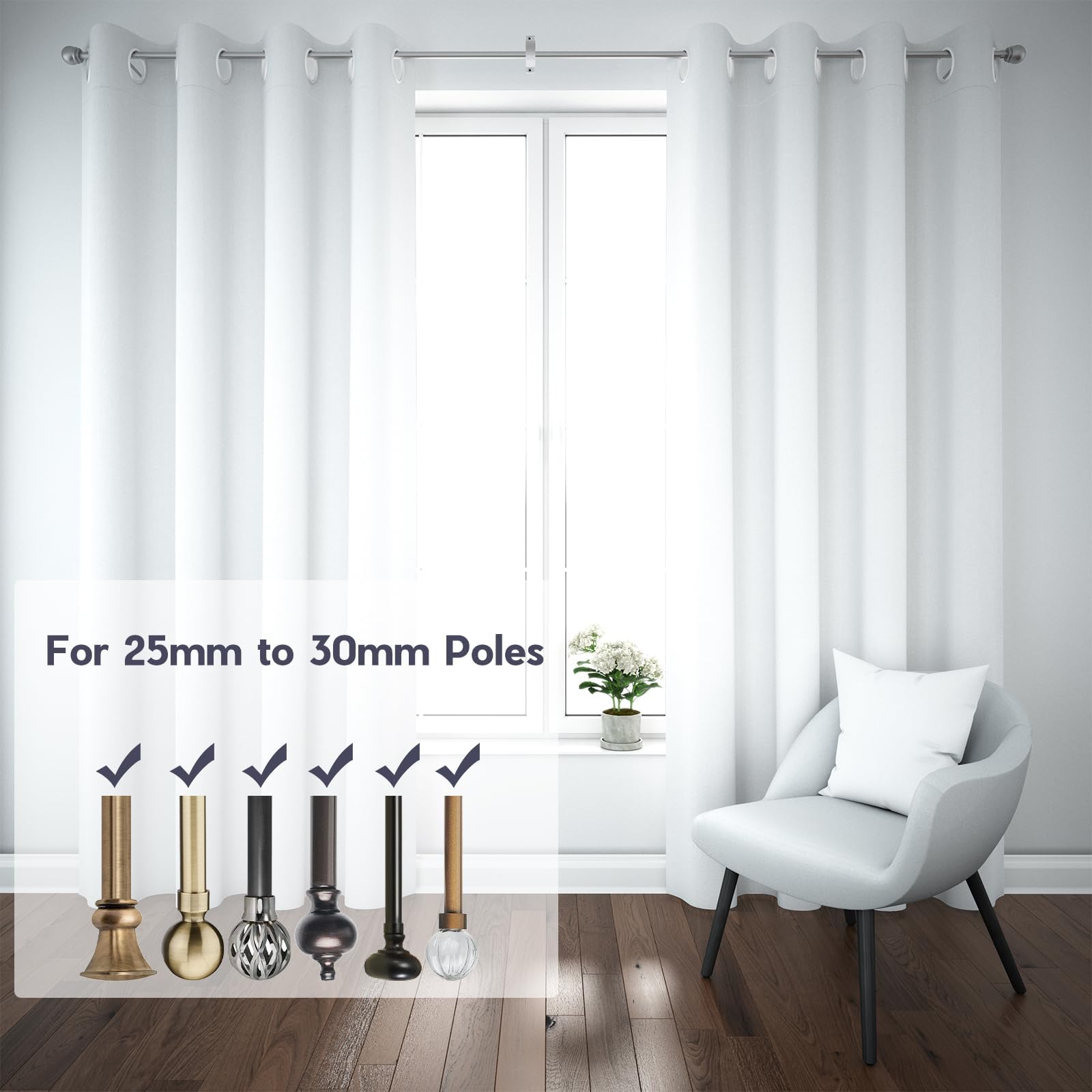 6 Supports Tringles à Rideaux HOJLKLD En Acier Inoxydable - Robuste Pour 25mm, Plafond Ou Mur, Argent