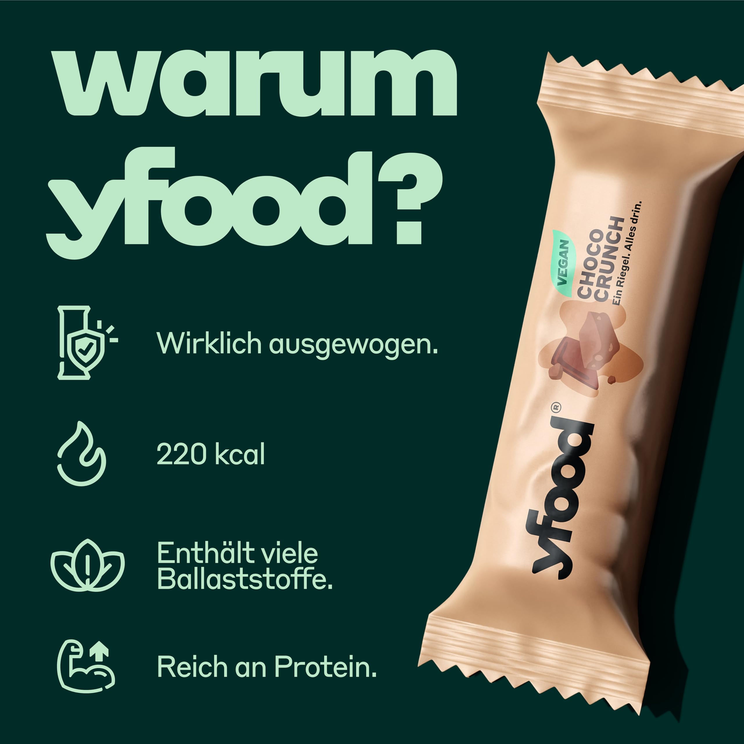 yfood Riegel Vegan Choco Crunch, mit 10 g Protein, 12 Riegel á 60g