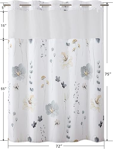 Miniatura 9 de QiyI Cortina de ducha de flores con forro de tela a presión, cortinas de baño de tela floral de acuarela gris, cortinas de ducha sin gancho con