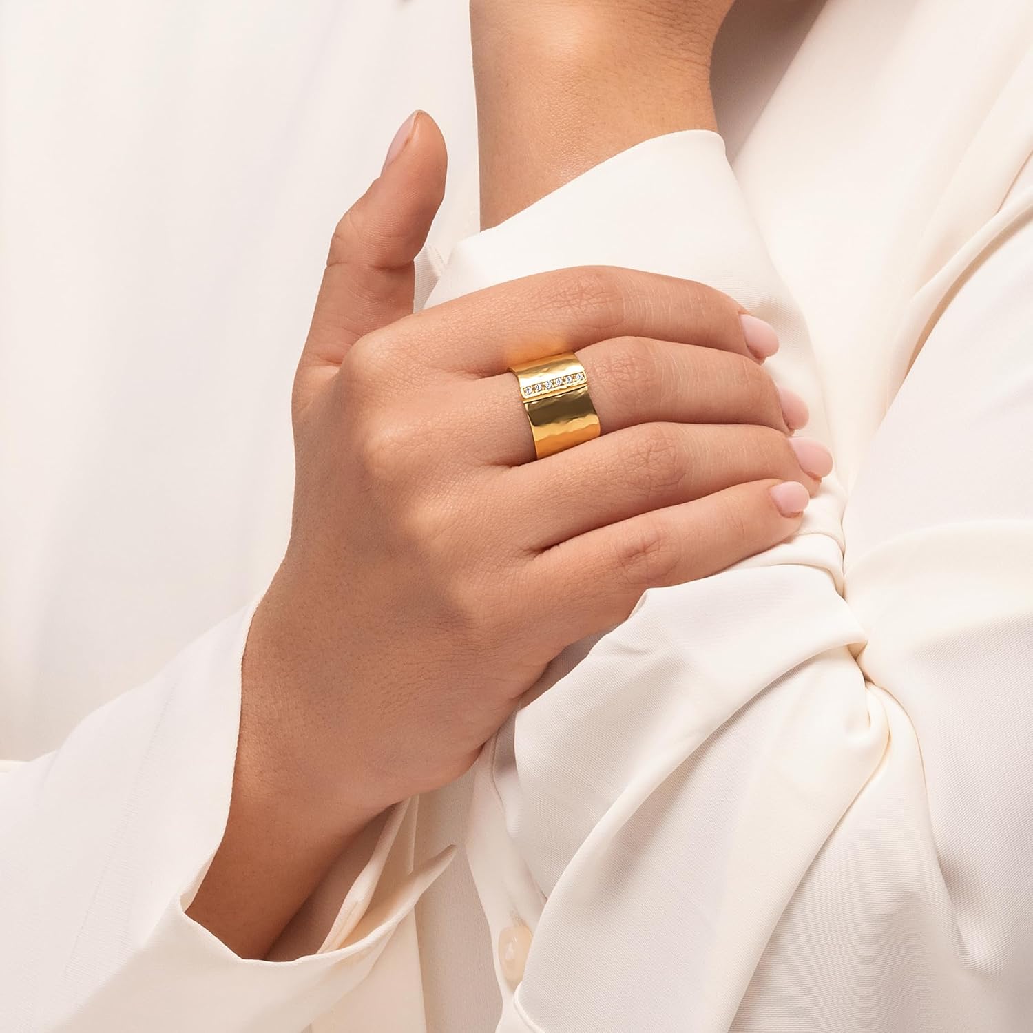 JEAN RACHEL JEWELRY 14K Gold Plated Sterling Silver Ring with 0.18 TCW Cubic Zirconia - Wide Band Hammered Vintage Design - Hypoallergenic, Lead & Nickel Free Jewelry Statement Rings for Women