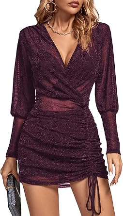 Rooscier Womens Sheer Mesh Glitter Wrap V Neck Long Sleeve Ruched Drawstring Bodycon Mini Dress