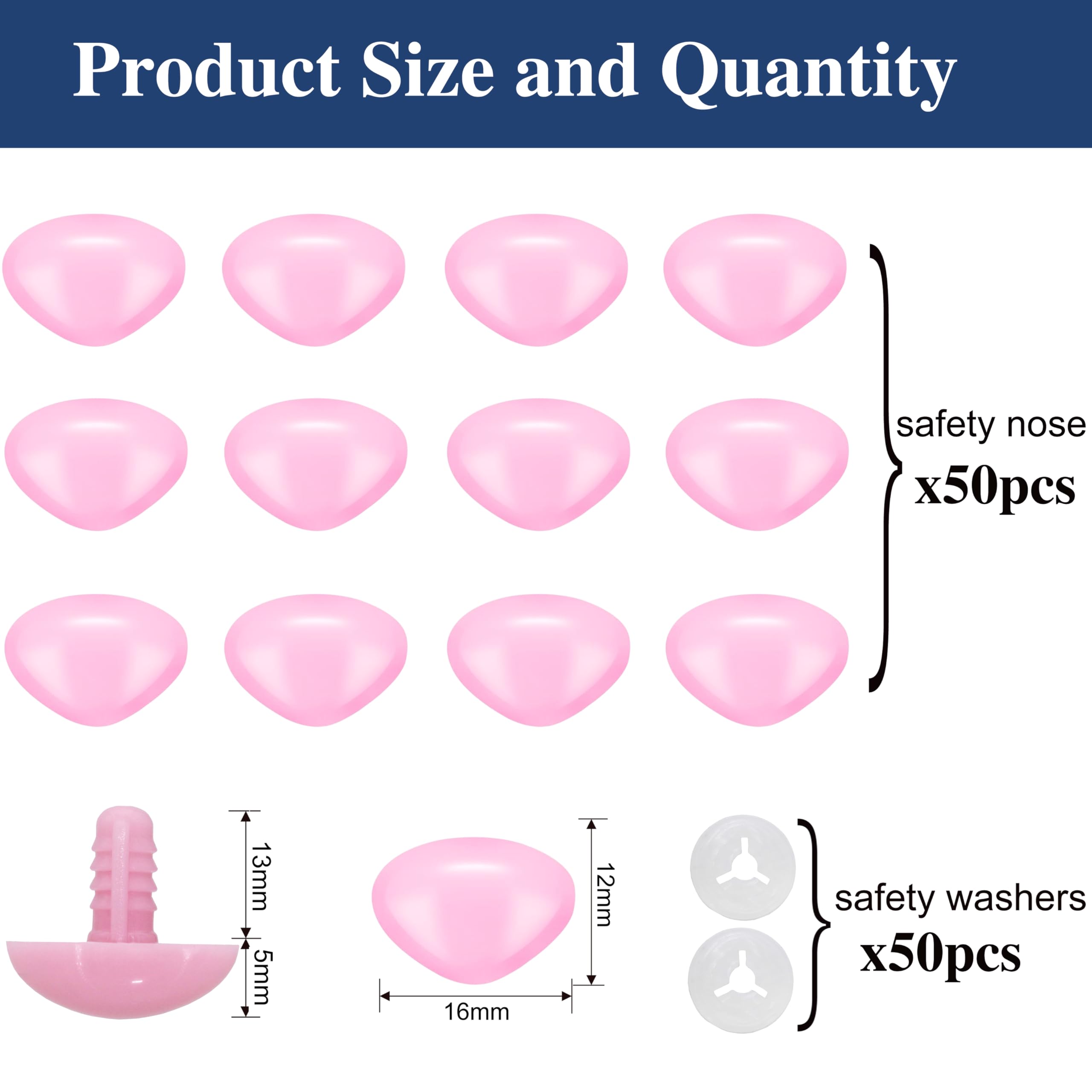 100 narices y arandelas de seguridad para ganchillo amigurumi, 12 x 16 mm, nariz de seguridad de plástico rosa, triángulo, para amigurumi, manualidades, muñecas de ganchillo, suministros