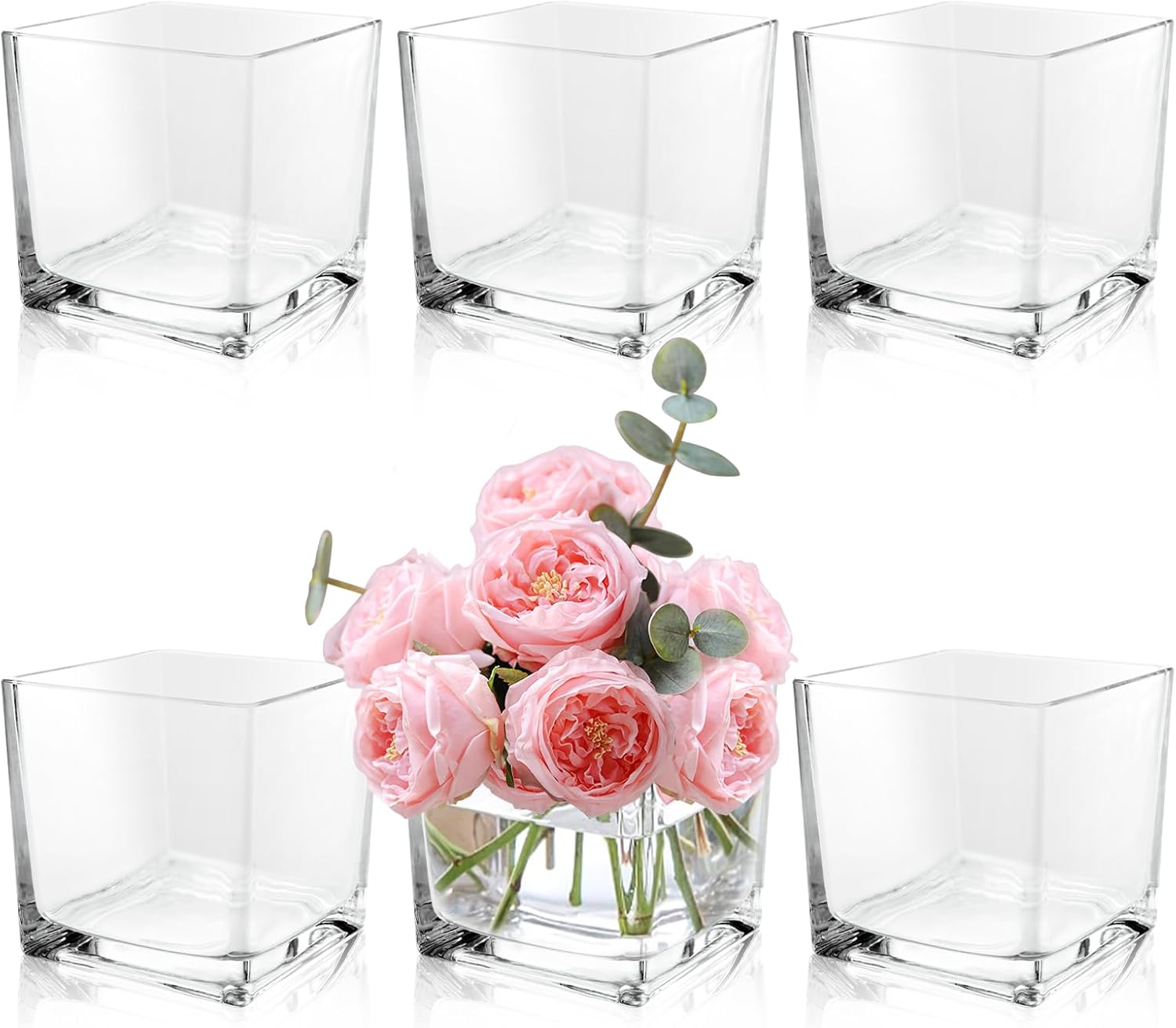 6 Pack 5 x 5 x 5 Inch Square Glass Vases, Clear Square Vases for Centerpieces, Glass Cube Flower Vases Short Vases for Candle Holder Events Wedding Party Home Decoration