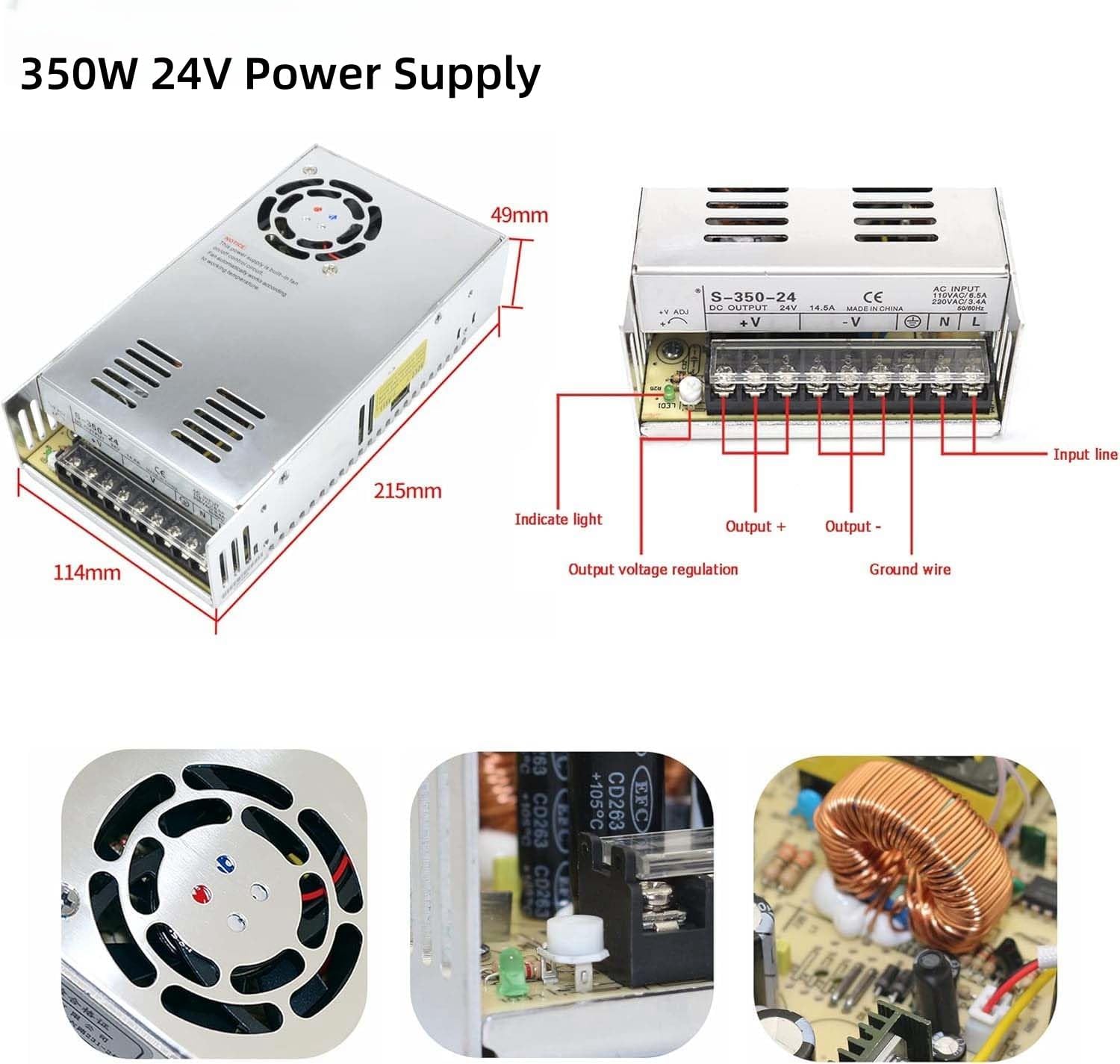 DC 24V 350W Power Supply Single Output Switchable Power Universal Regulated Switching Transformer Adapter Driver 110V/220V AC Input 14.6A for 3D Printer Strip Light CCTV Radio