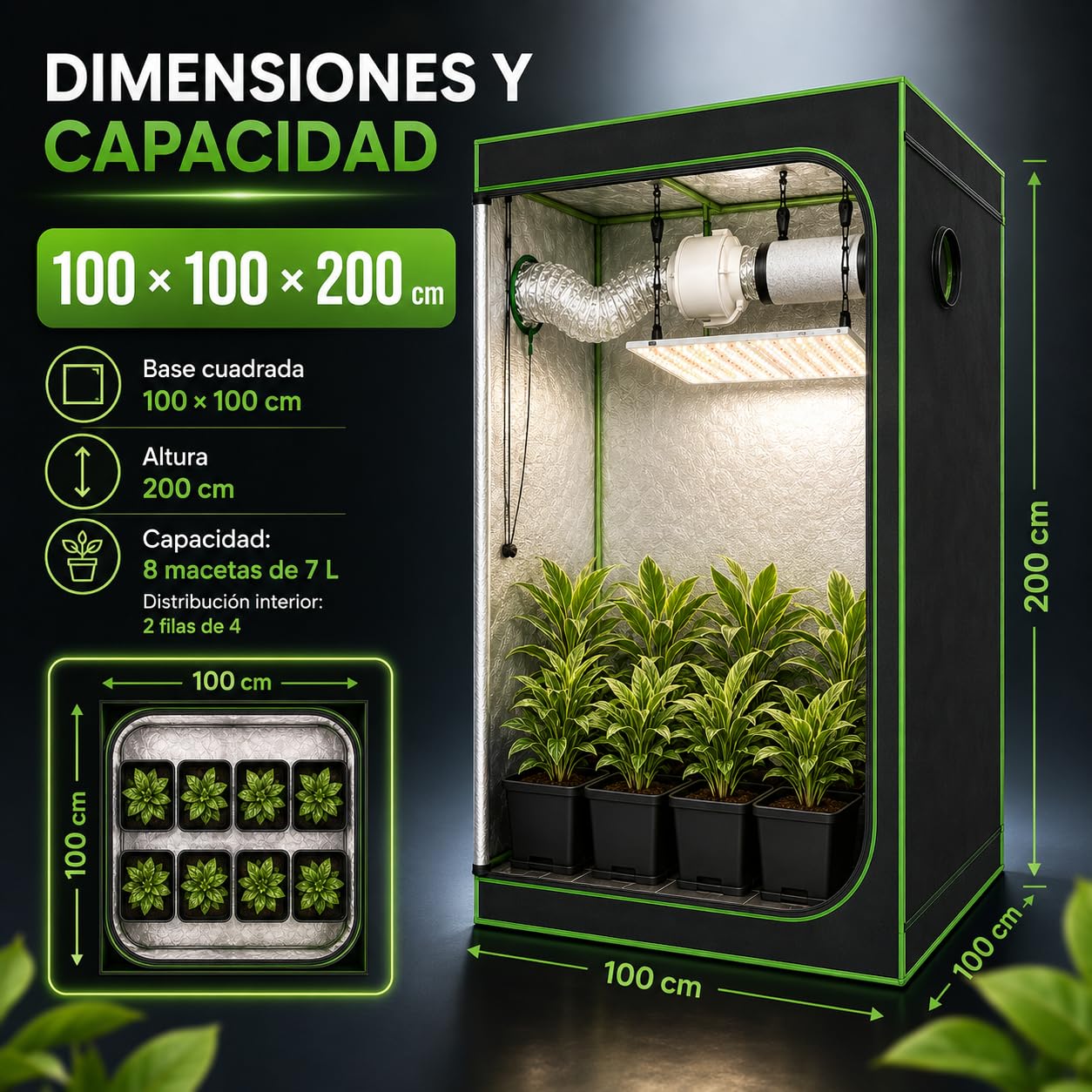 Kit de Cultivo Interior 100x100x200 cm con LED 240W, Armario Grow Completo, Extractor 325 m³/h, Filtro de Carbón, Ventilador, Termohigrómetro, Temporizador, 8 Macetas de 7L, Cultivo Indoor