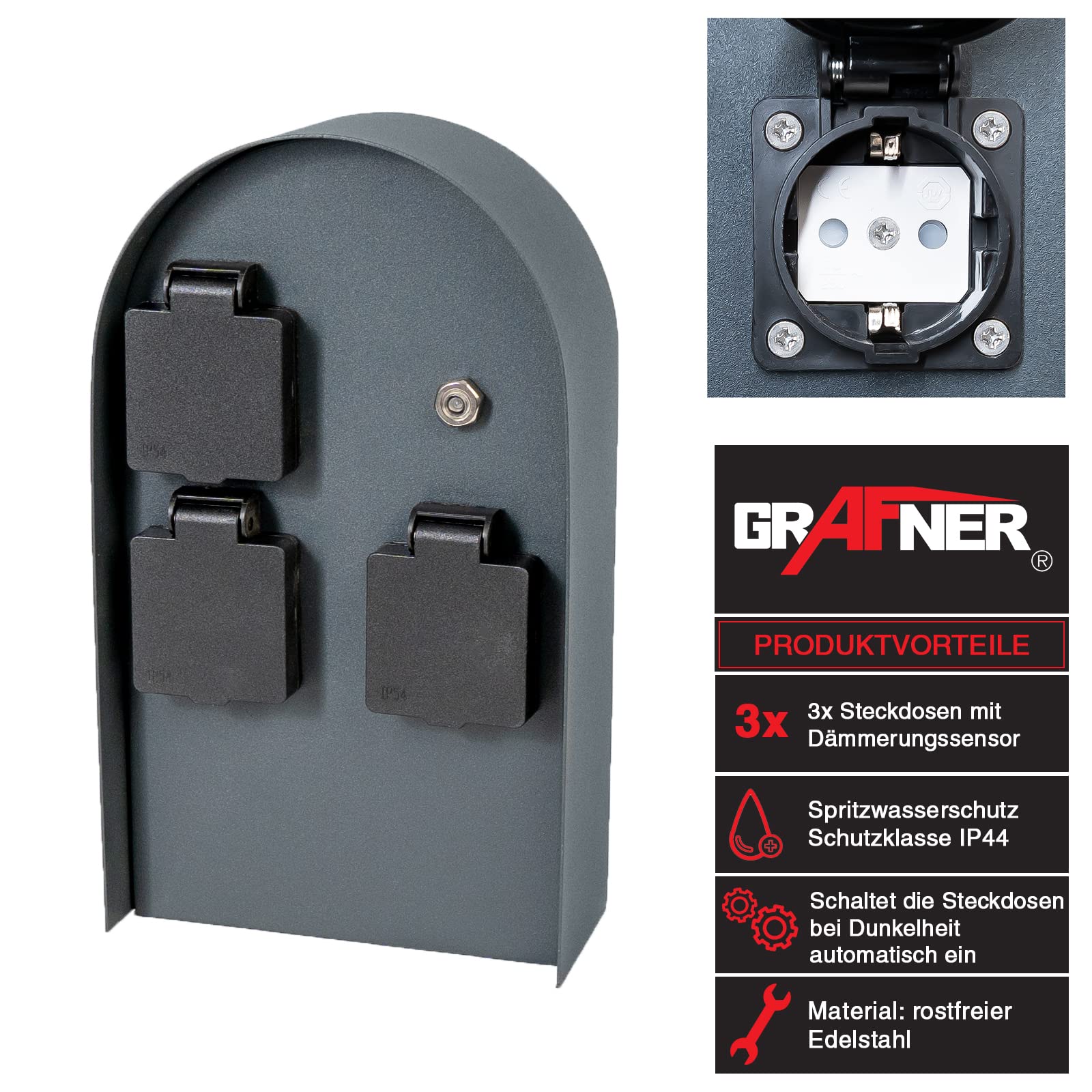 Grafner Edelstahl Design Gartensteckdose Dämmerungssensor, 3 Steckdosen, IP44, oval, anthrazit, KEIN ROST – Pulverbeschichtung, Energiesäule Mehrfach Metall Außen Steckdose schwarz Helligkeitssensor